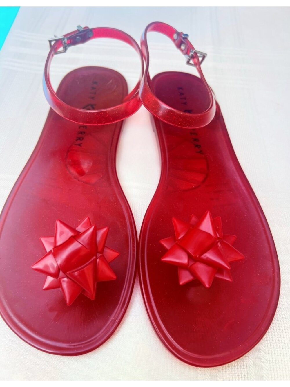 Katy Perry Red Glitter Jelly Bow Sandals Womens 8M/38 Adjustable Straps Fun Summ
